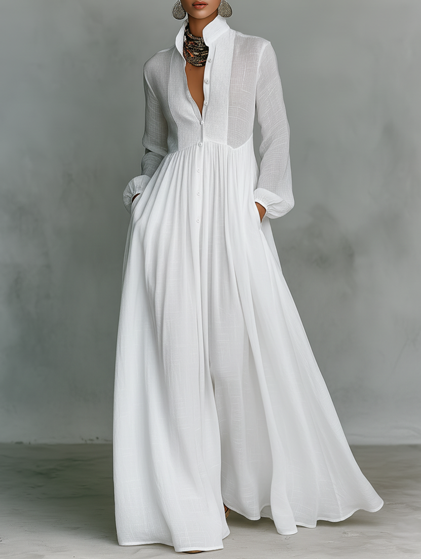 Abito lungo Alessia in cotone e lino con elegante patchwork