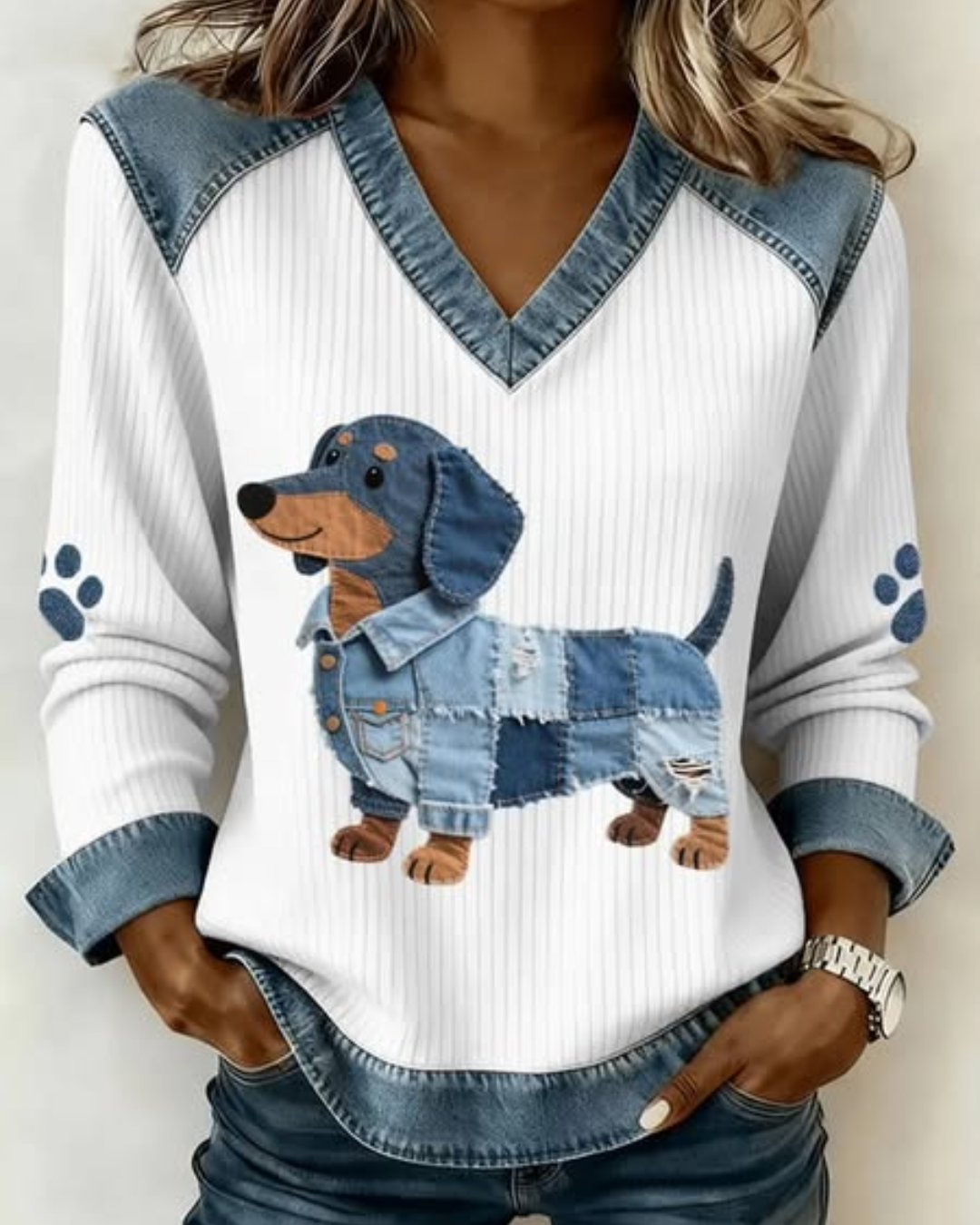 Abril - Camiseta artística de patchwork para mujer con cuello en V