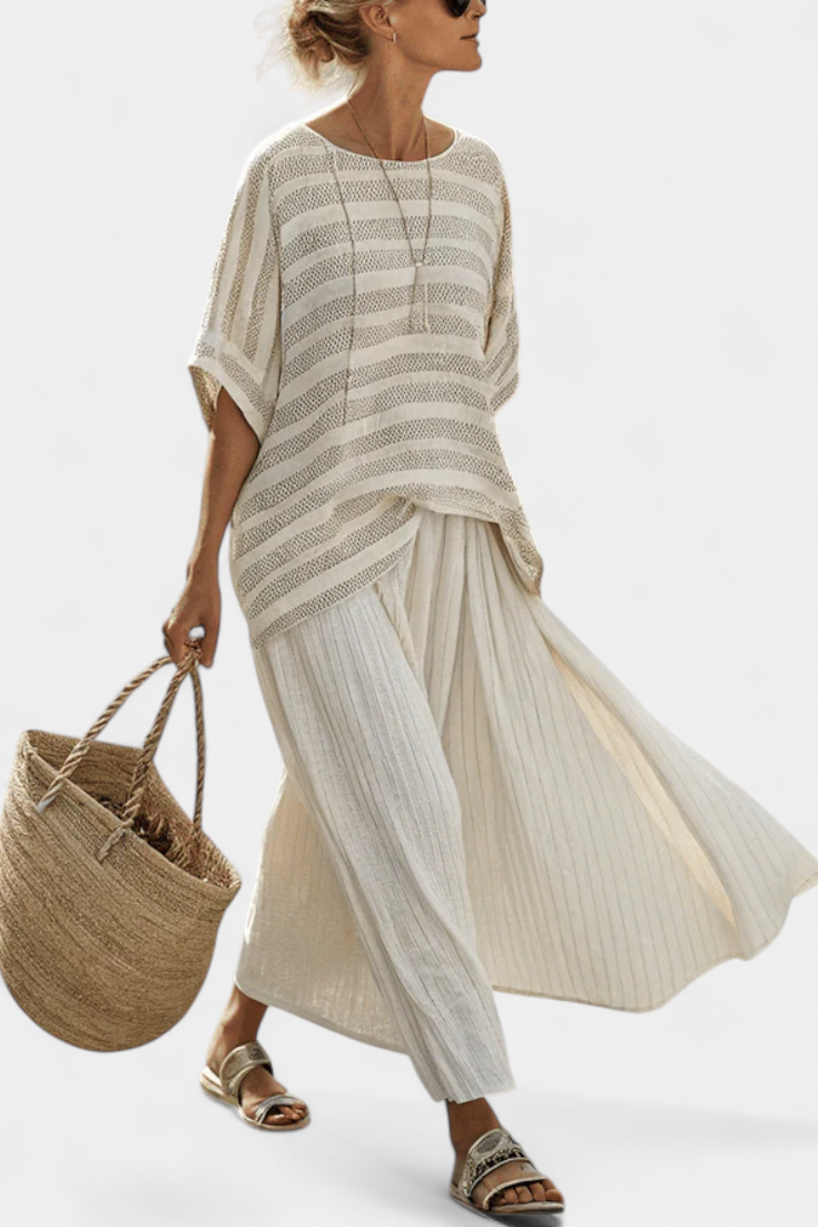 Graziella — Top a righe in bambù naturale e pantaloni in lino fluidi