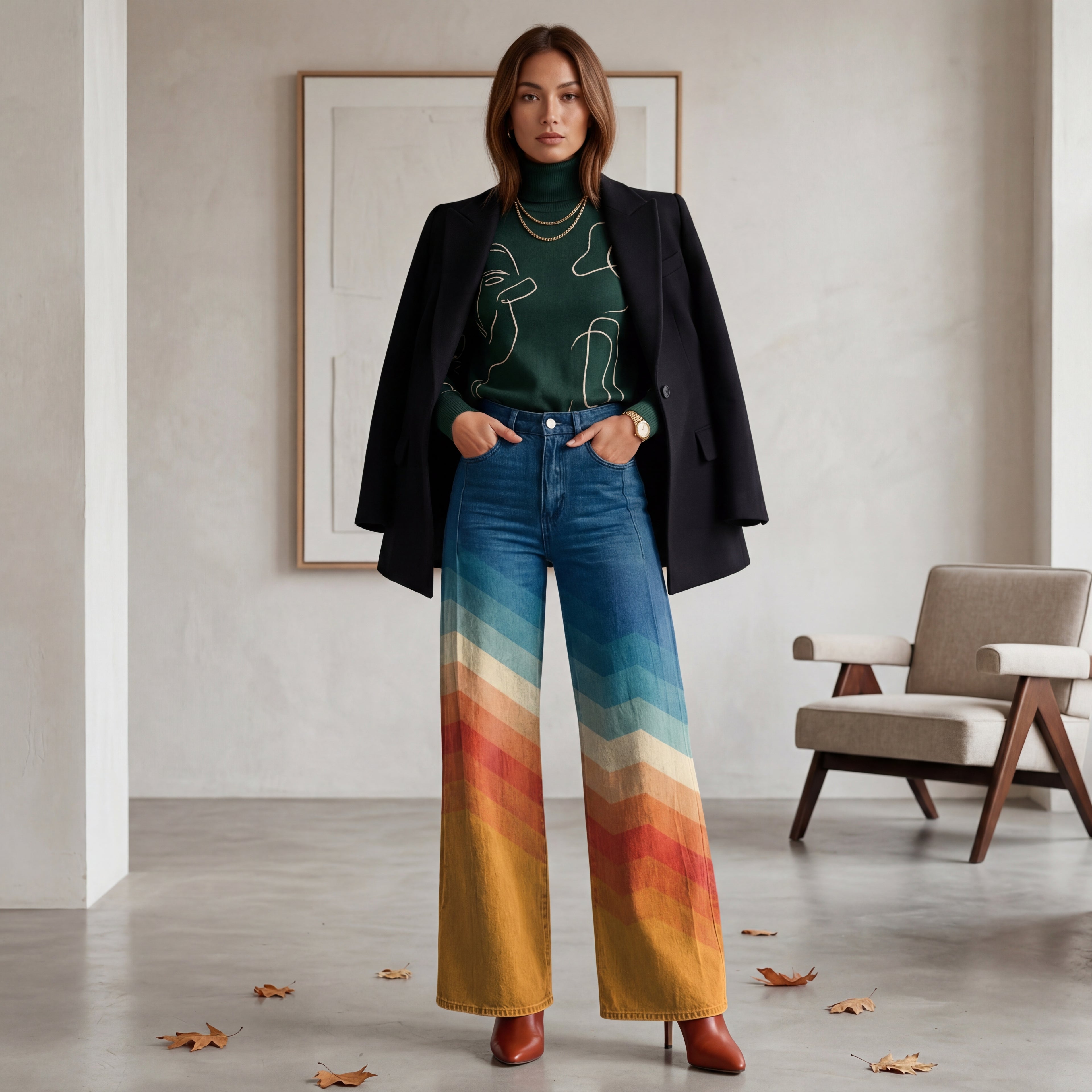 Léa - Pantalones retro elegantes con diseño en zigzag