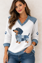 Abril - Camiseta artística de patchwork para mujer con cuello en V