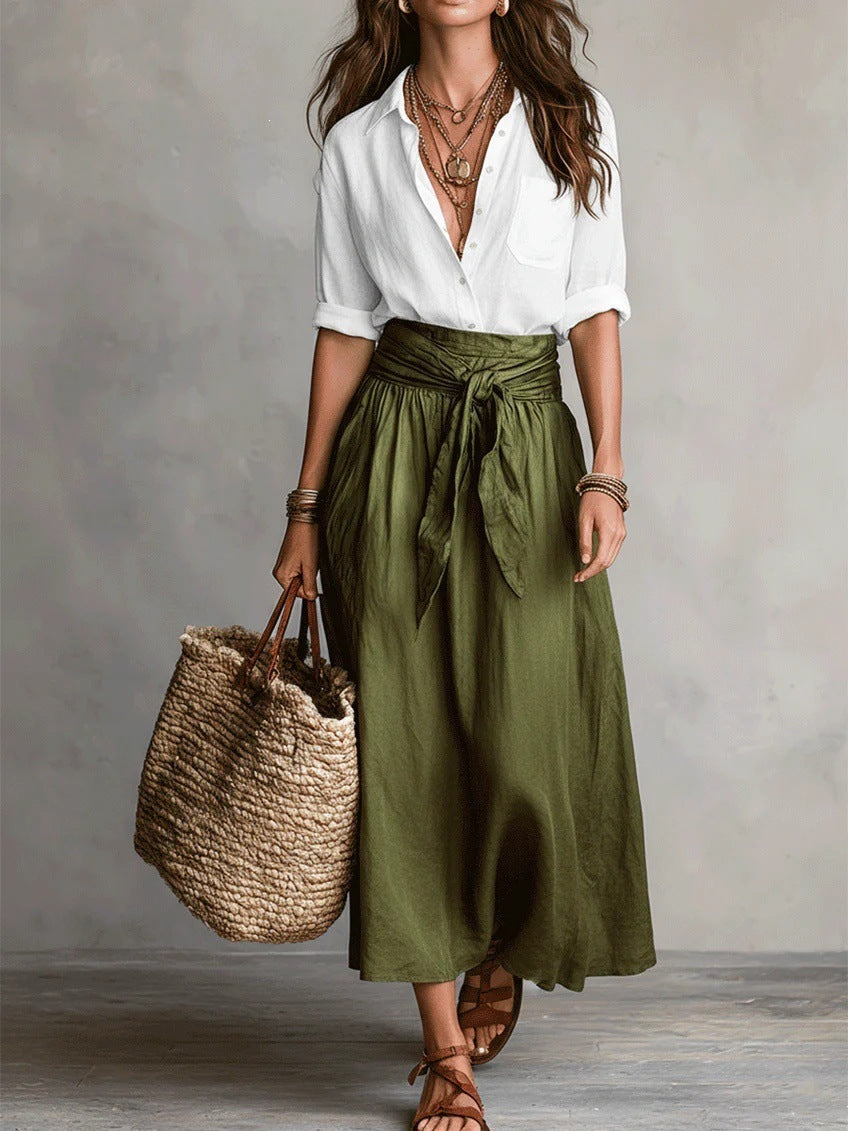 Natalia | Completo Due Pezzi: Top Nero e Gonna Midi Verde Oliva