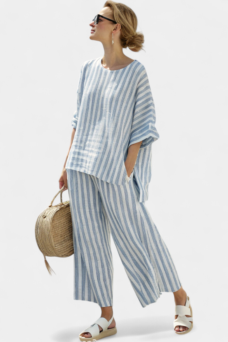 Federica — Top sofisticato in lino a righe blu e pantaloni comodi