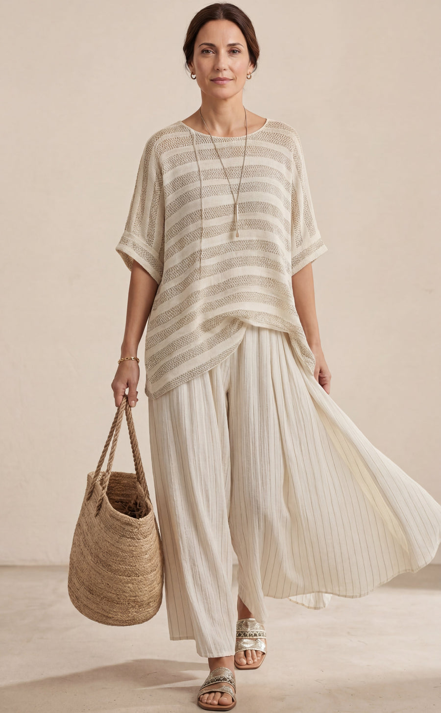 Graziella — Top a righe in bambù naturale e pantaloni in lino fluidi