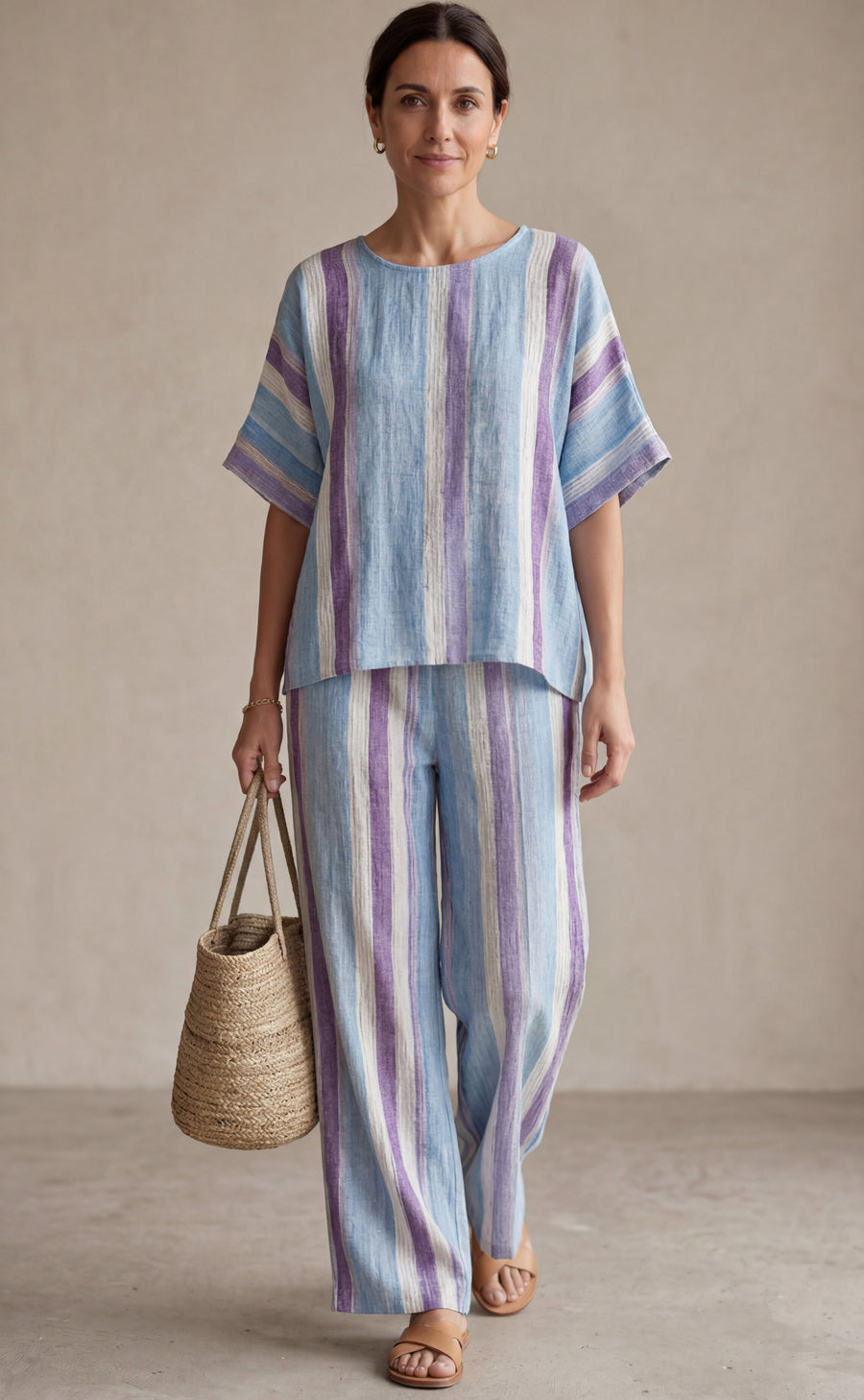 Ginevra — Top elegante in malva pastello e pantaloni in lino a righe