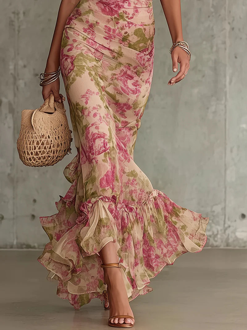 Vestito Lungo Fiora con Stampa Vintage a Rose e Maniche a Palloncino