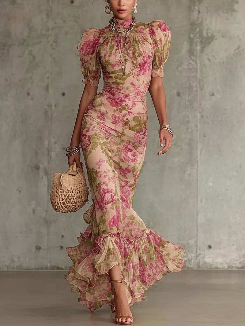 Vestito Lungo Fiora con Stampa Vintage a Rose e Maniche a Palloncino