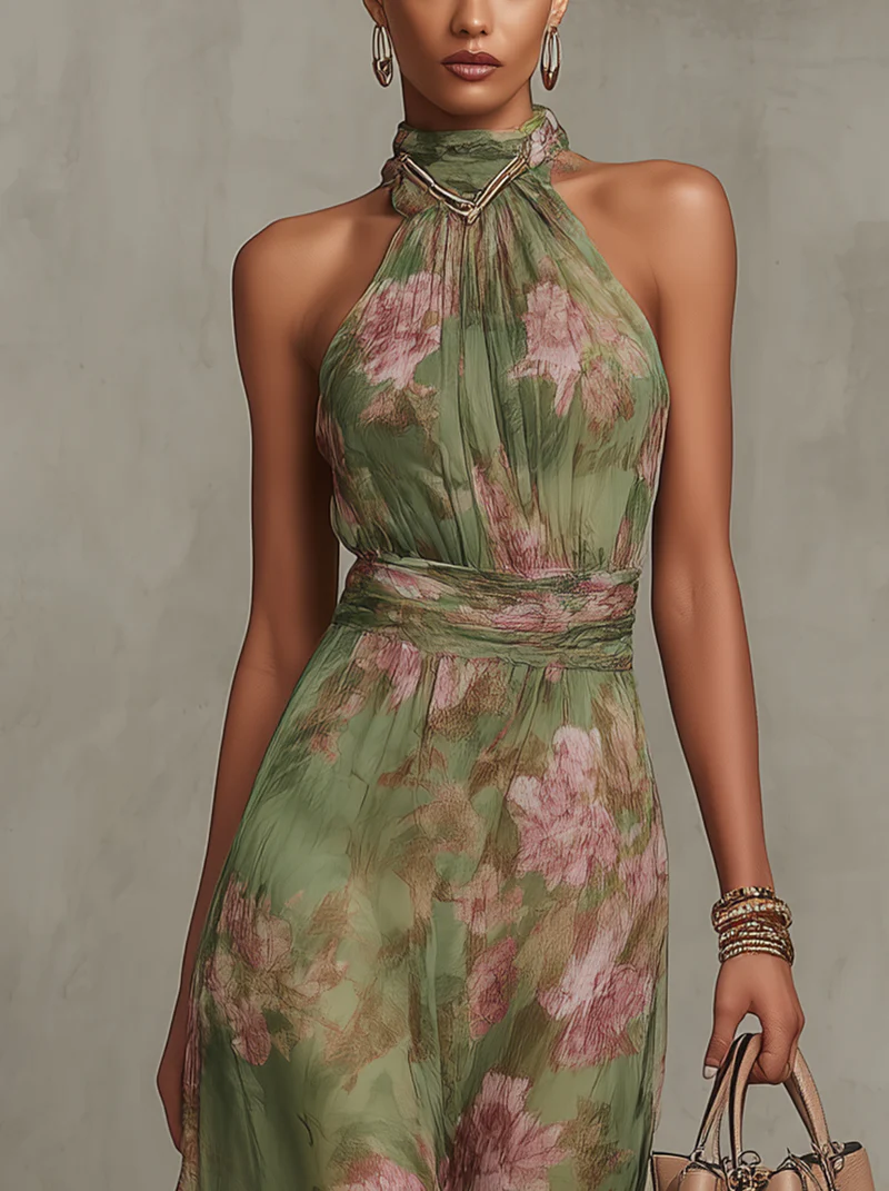 Abito Lungo Serena Verde Floreale in Chiffon con Scollo All'americana
