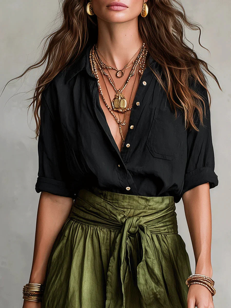 Completo Elegante Due Pezzi con Blusa Nera e Gonna Midi