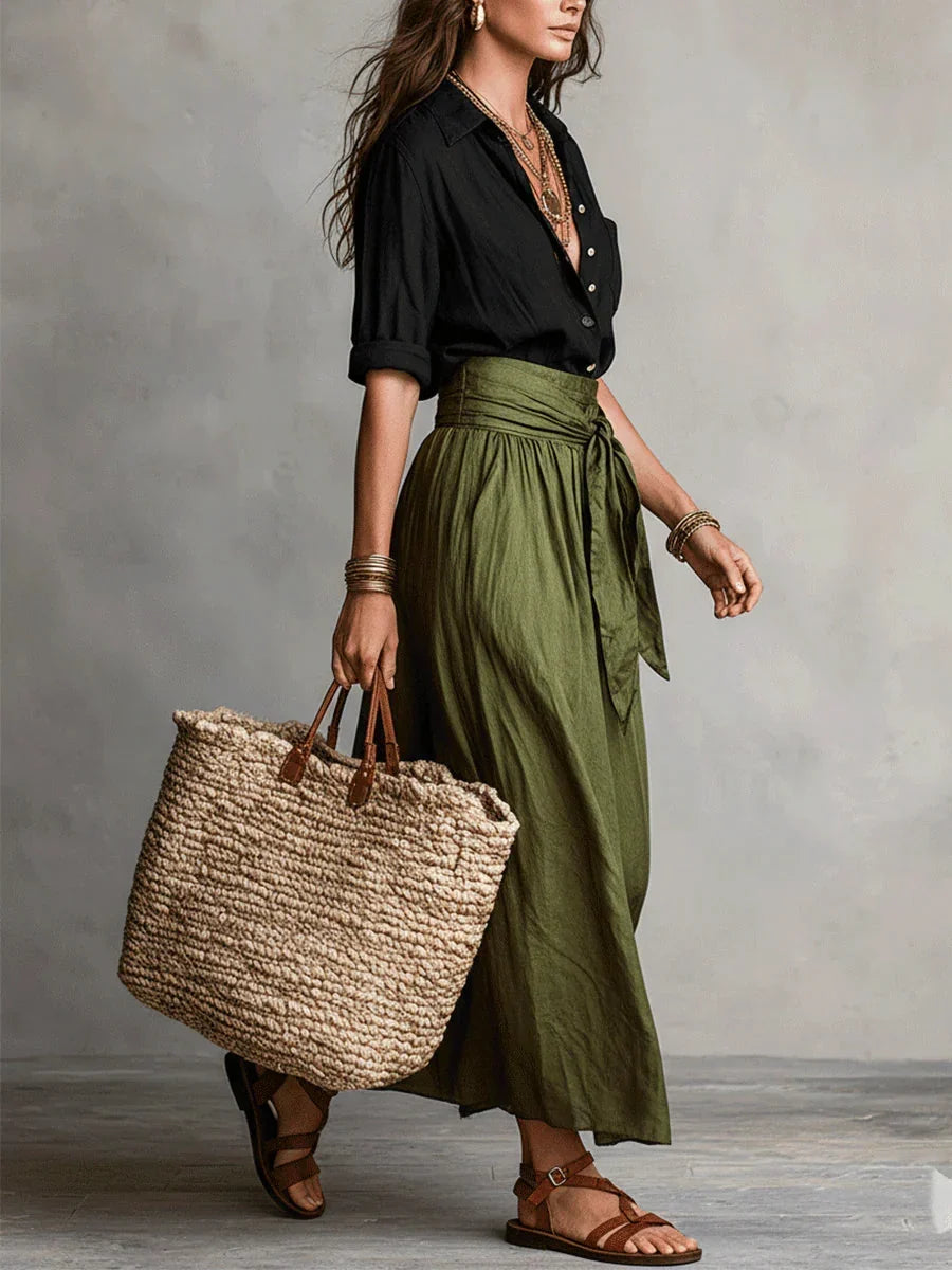 Completo Elegante Due Pezzi con Blusa Nera e Gonna Midi