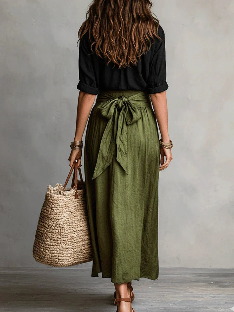 Completo Elegante Due Pezzi con Blusa Nera e Gonna Midi