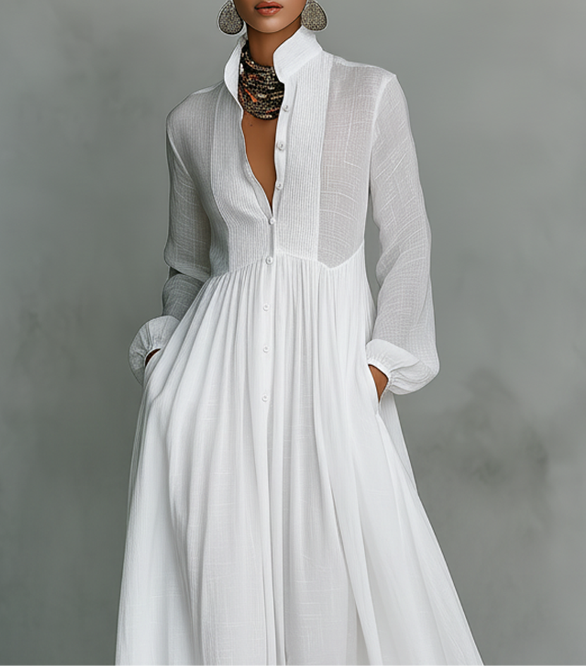 Abito lungo Alessia in cotone e lino con elegante patchwork