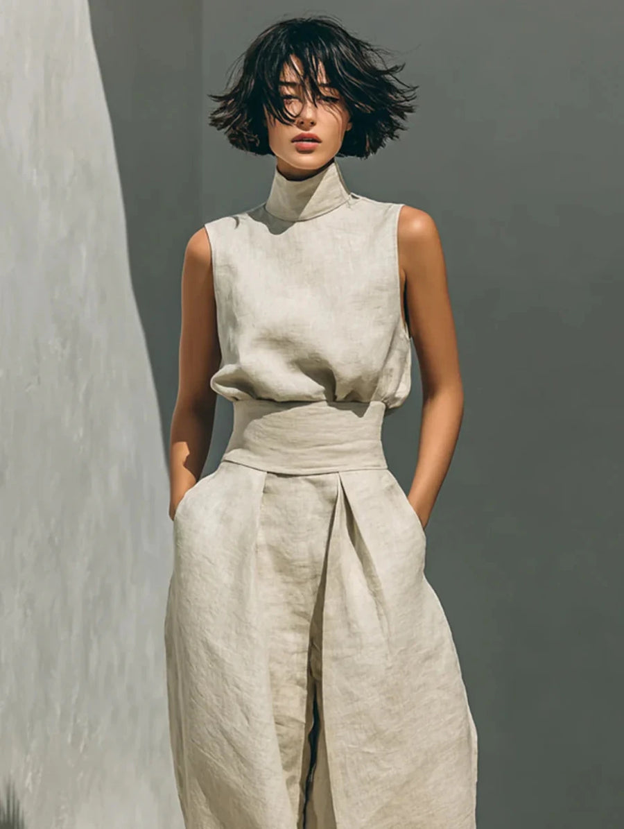 Flor™ | Conjunto minimalista de blusa sin mangas y pantalón de pernera ancha en algodón y lino para mujer - LUVOR