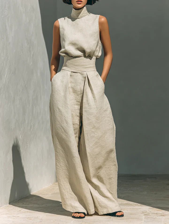 Flor™ | Conjunto minimalista de blusa sin mangas y pantalón de pernera ancha en algodón y lino para mujer - LUVOR