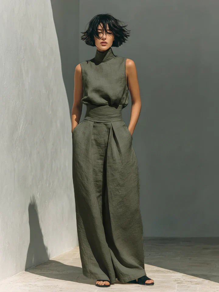 Flor™ | Conjunto minimalista de blusa sin mangas y pantalón de pernera ancha en algodón y lino para mujer - LUVOR