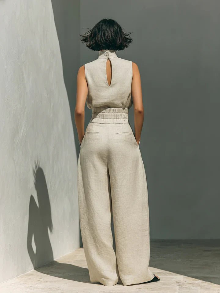 Flor™ | Conjunto minimalista de blusa sin mangas y pantalón de pernera ancha en algodón y lino para mujer - LUVOR
