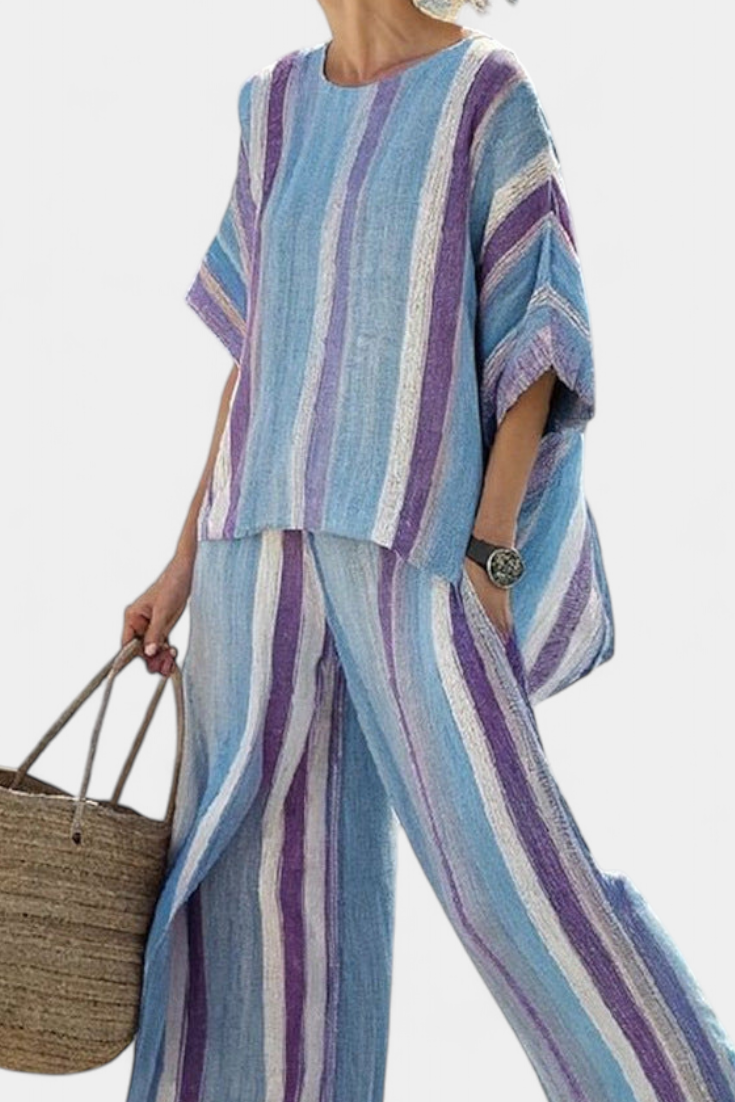Ginevra — Top elegante in malva pastello e pantaloni in lino a righe