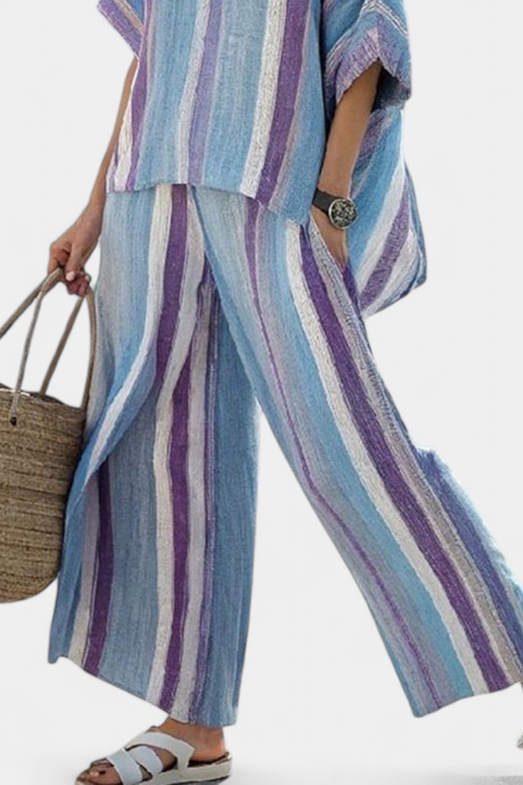 Ginevra — Top elegante in malva pastello e pantaloni in lino a righe