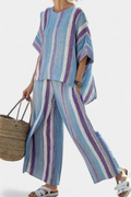 Ginevra — Top elegante in malva pastello e pantaloni in lino a righe