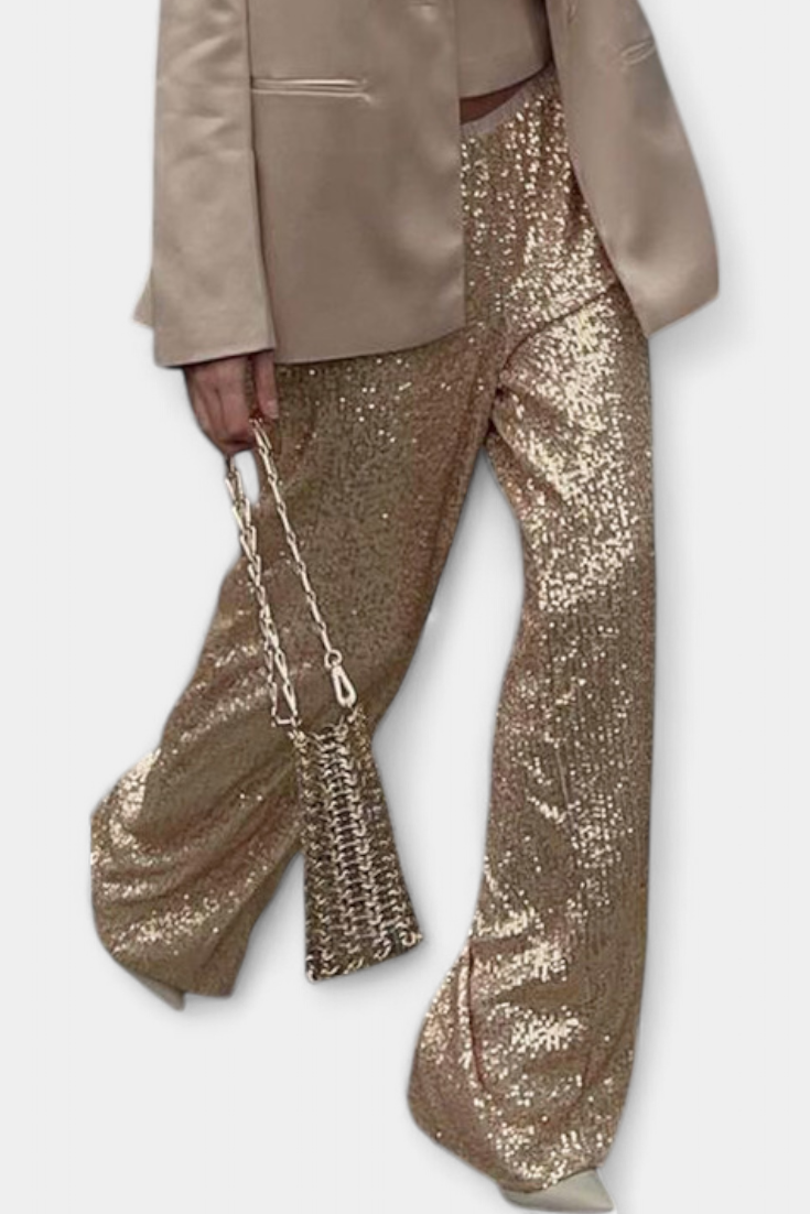 Elva Pantaloni di Paillettes a Vita Alta e Taglio Ampio