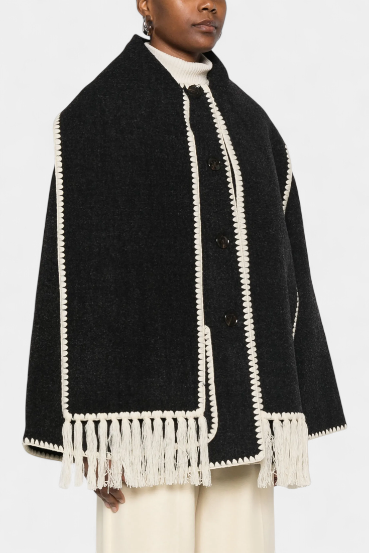 Pauline | Cappotto dal taglio morbido con sciarpa a frange incorporata