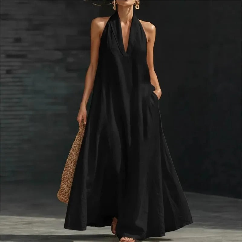 Clara Abito Lungo Halter in Cotone e Lino