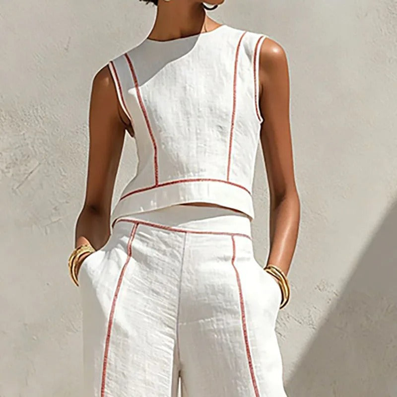 Inés Completo Due Pezzi con Pantalone Palazzo e Dettagli a Contrasto