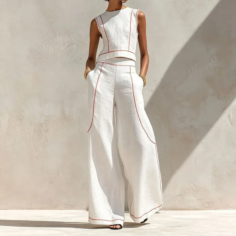 Inés Completo Due Pezzi con Pantalone Palazzo e Dettagli a Contrasto