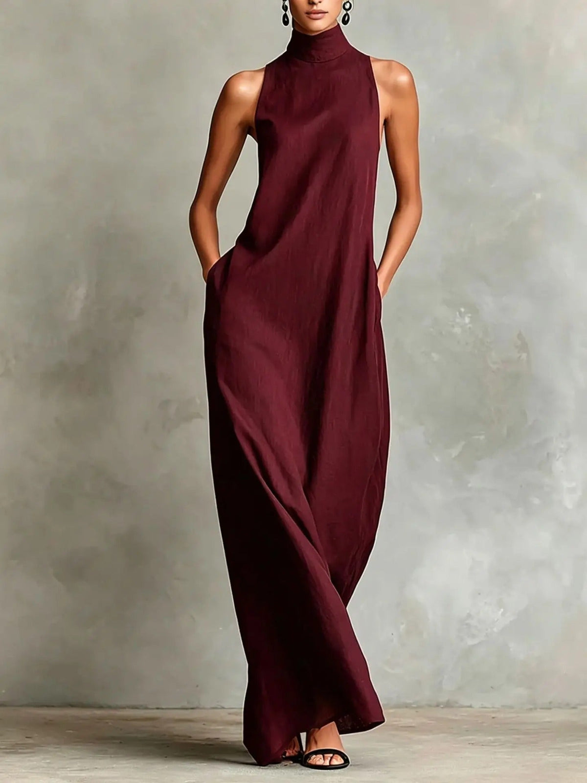 Marina Abito Lungo Ampio Senza Maniche con Collo Alto