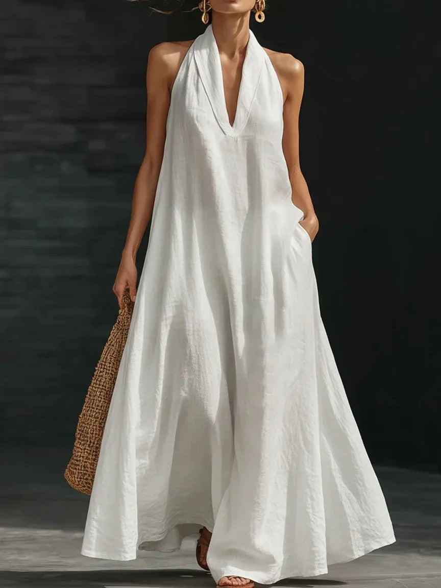 Clara Abito Lungo Halter in Cotone e Lino