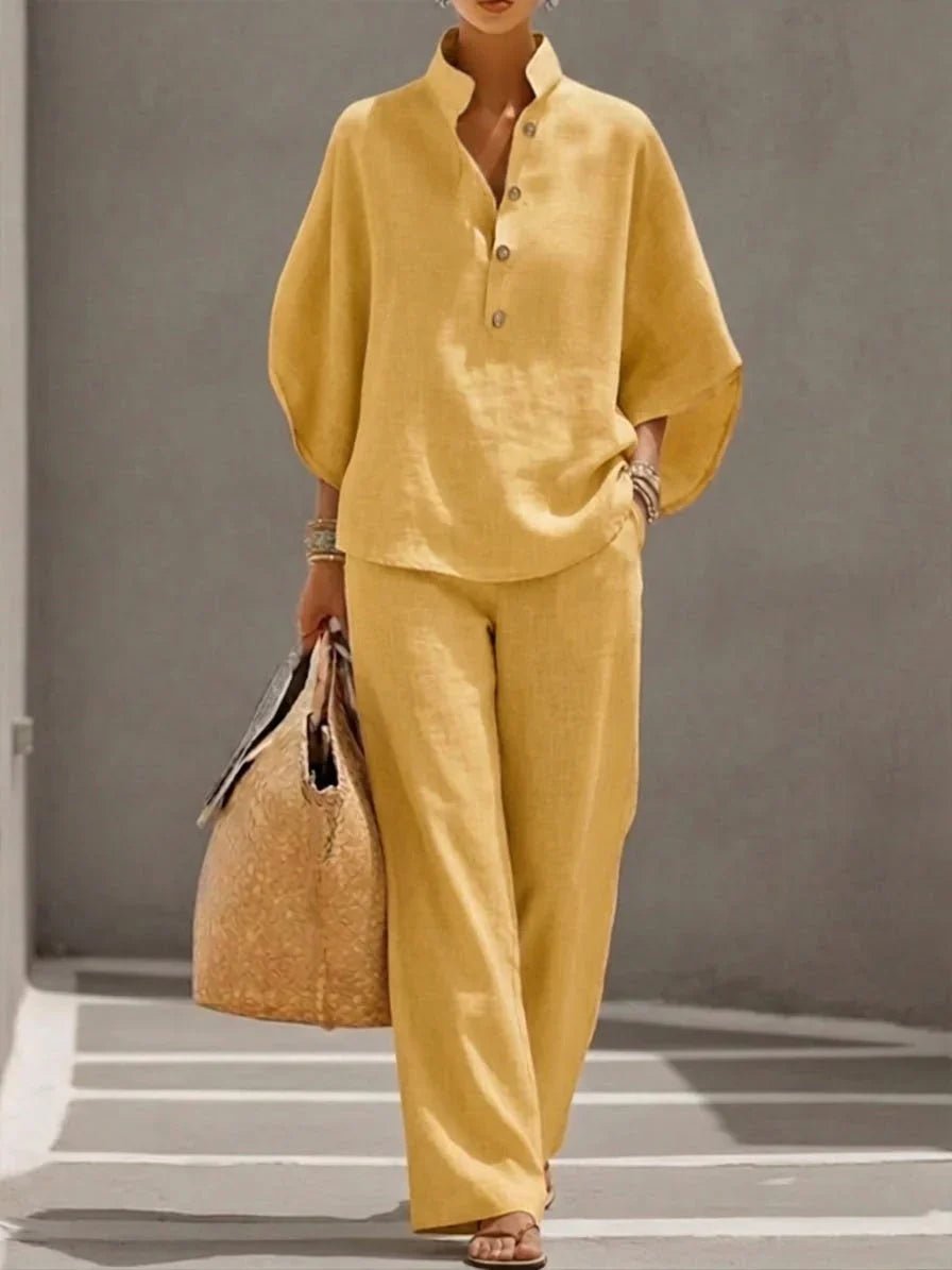 Maribel™ | Conjunto de lino con mangas murciélago y pantalón ancho - LUVOR