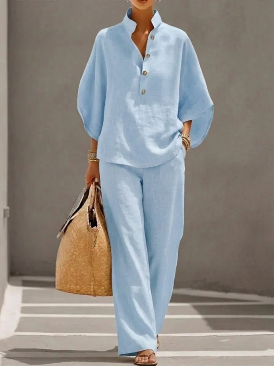 Maribel™ | Conjunto de lino con mangas murciélago y pantalón ancho - LUVOR