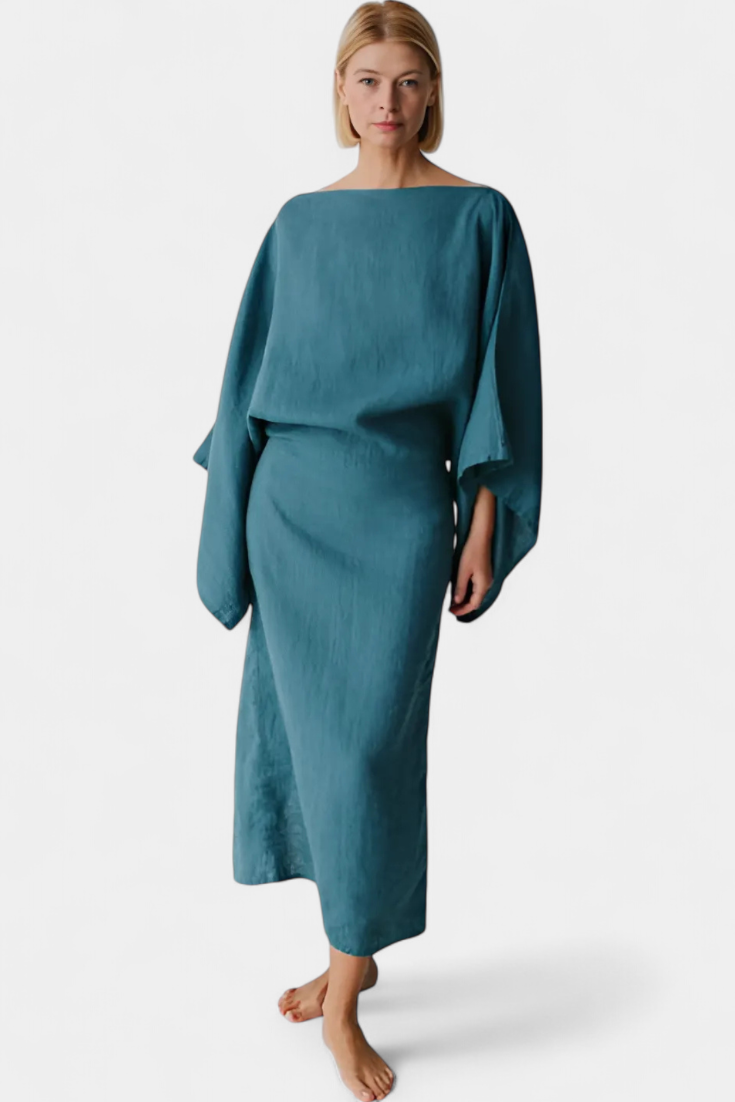 Kamilia Vestito Kimono in Lino e Cotone con Cintura