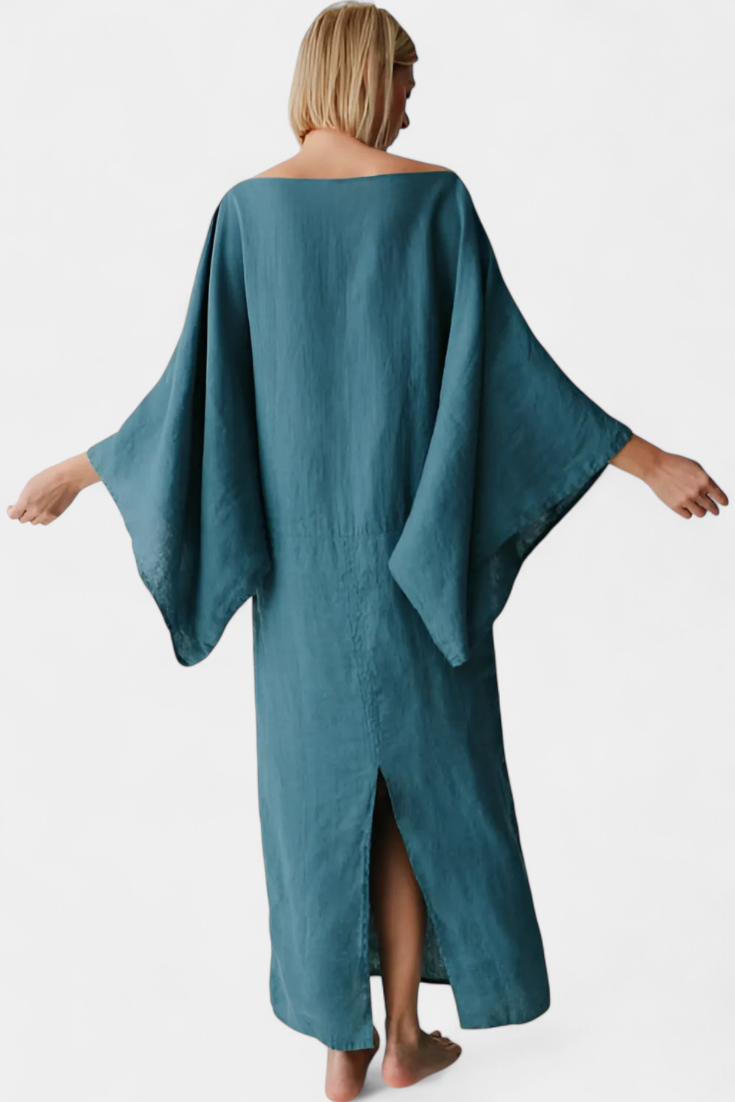 Kamilia Vestito Kimono in Lino e Cotone con Cintura