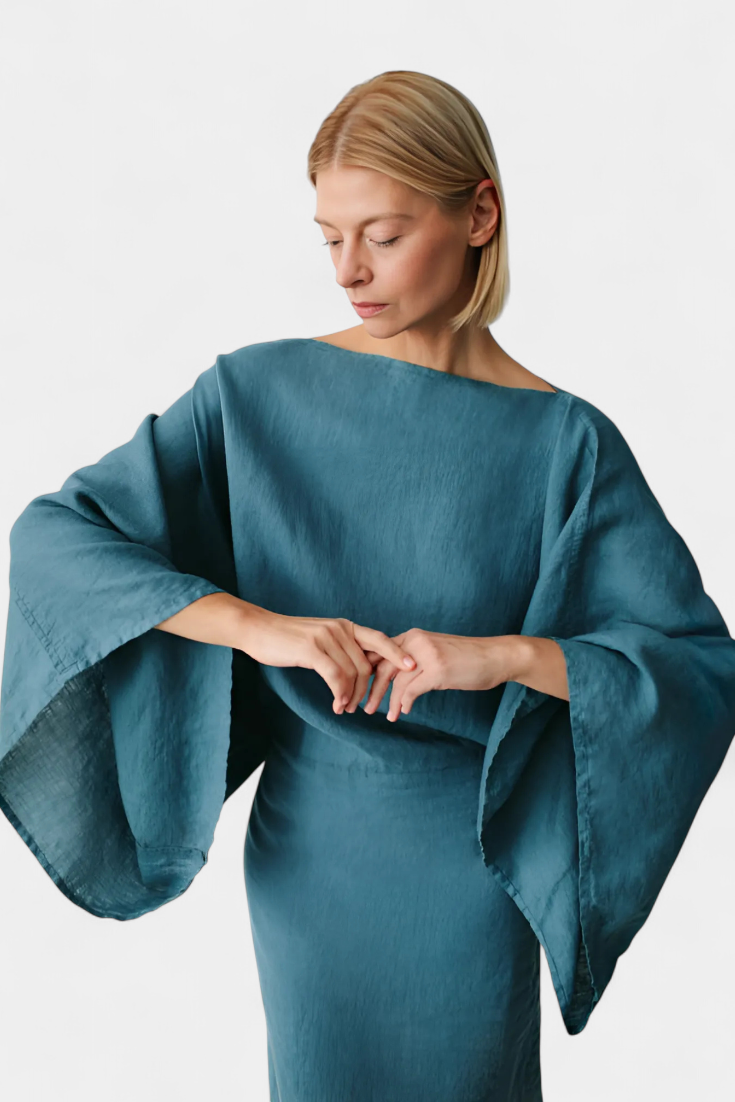 Kamilia Vestito Kimono in Lino e Cotone con Cintura