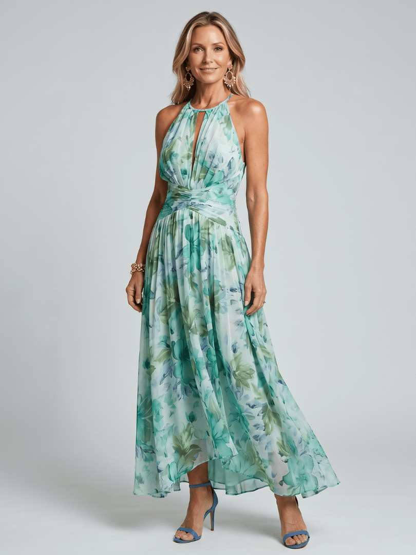 Portia | Vestido midi con cuello halter plisado y estampado floral - LUVOR