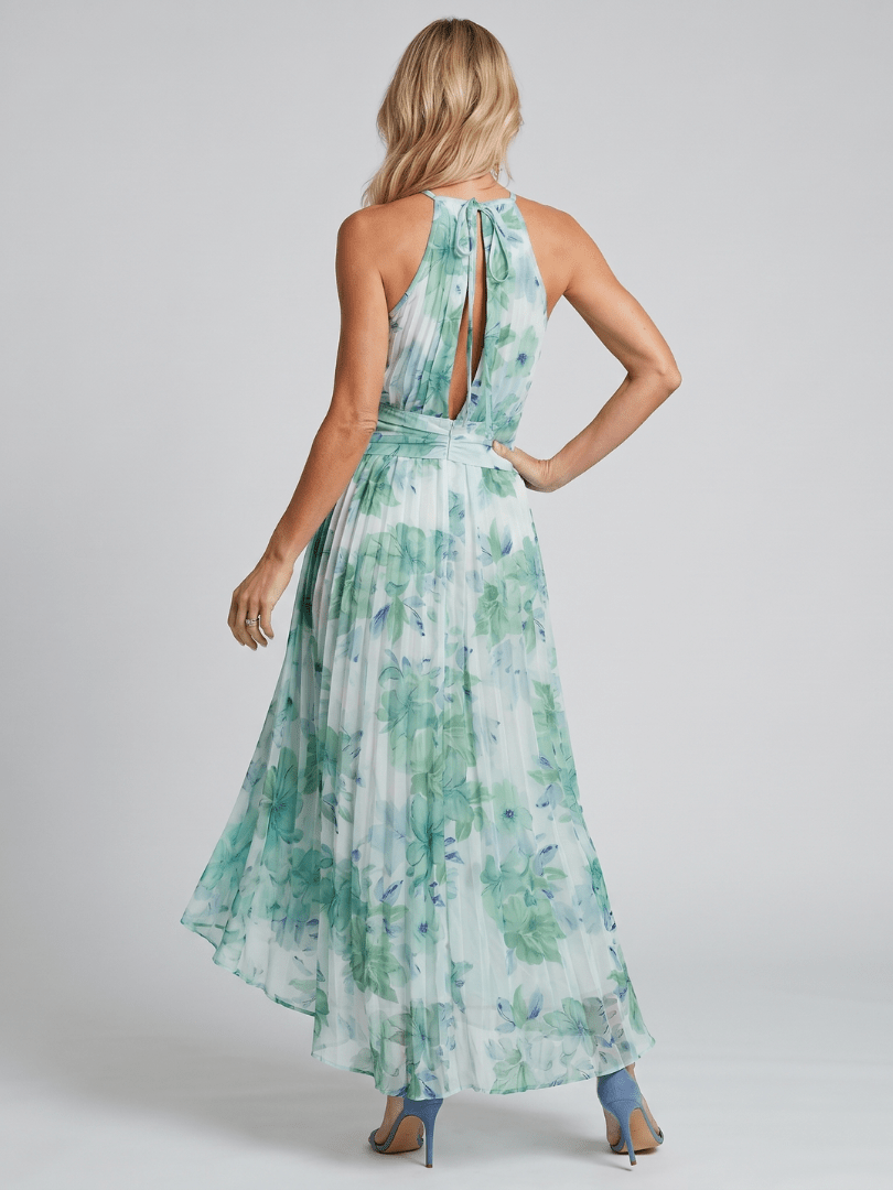 Portia | Vestido midi con cuello halter plisado y estampado floral - LUVOR