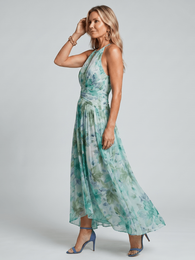 Portia | Vestido midi con cuello halter plisado y estampado floral - LUVOR