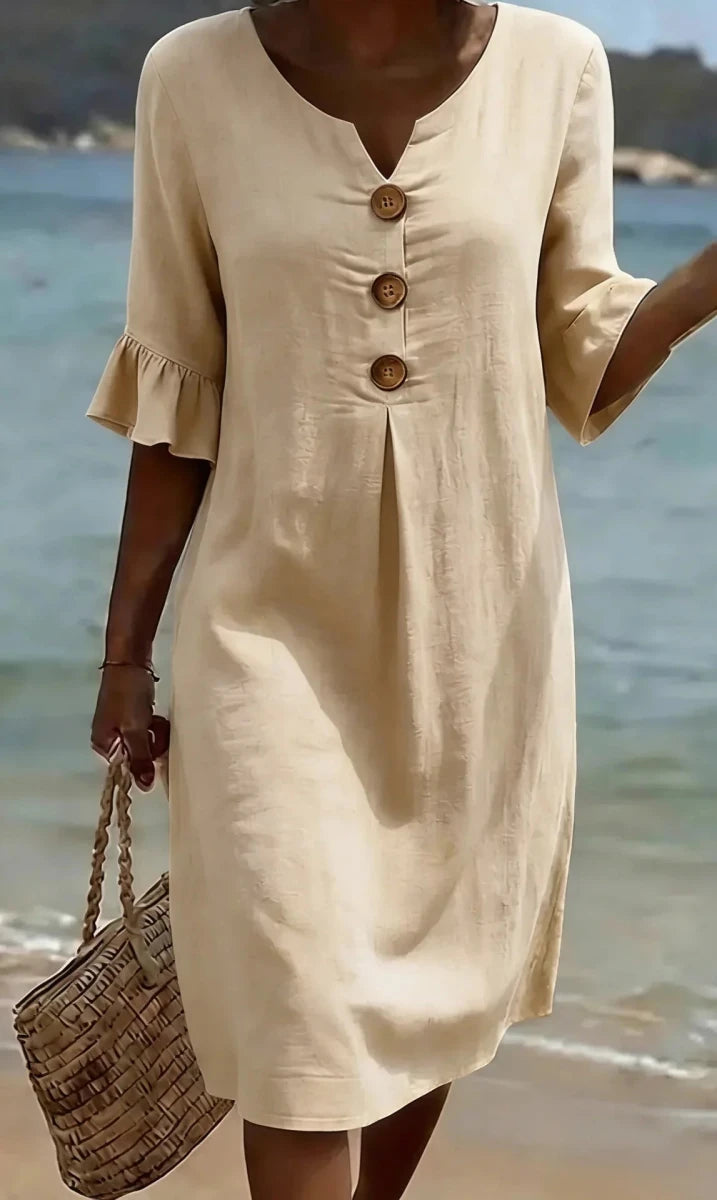 Vanesa™ | Vestido con textura de lino con manga abullonada y botones - LUVOR