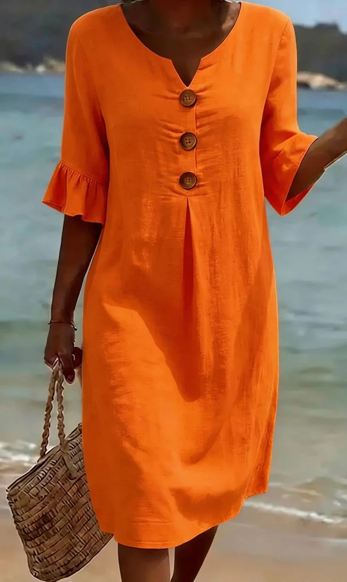 Vanesa™ | Vestido con textura de lino con manga abullonada y botones - LUVOR