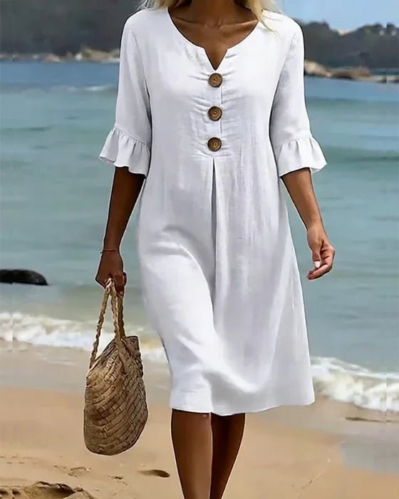 Vanesa™ | Vestido con textura de lino con manga abullonada y botones - LUVOR