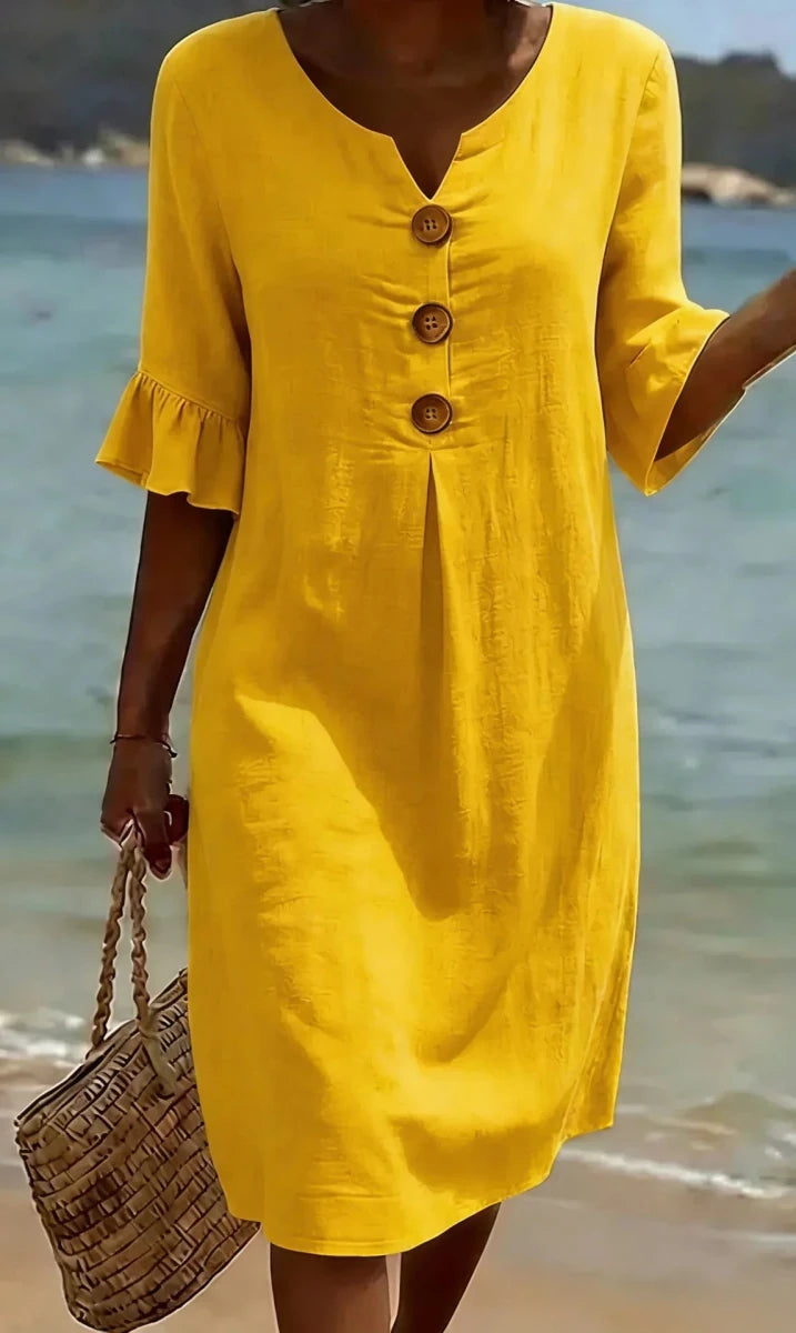 Vanesa™ | Vestido con textura de lino con manga abullonada y botones - LUVOR