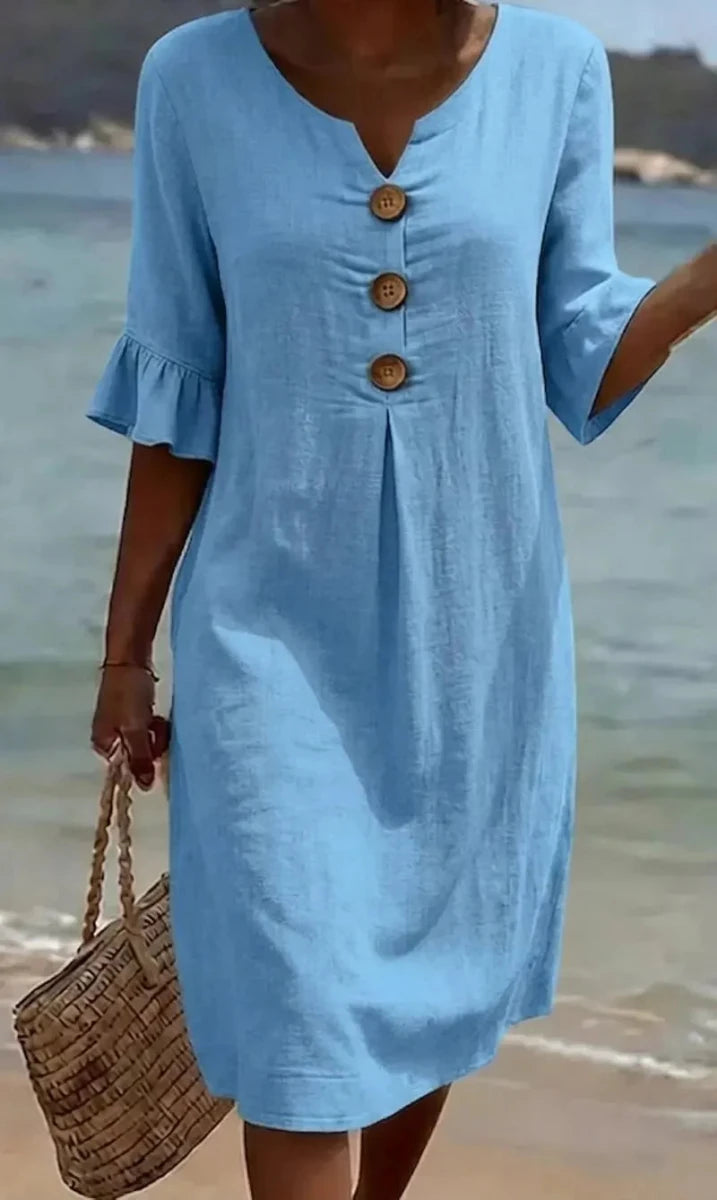 Vanesa™ | Vestido con textura de lino con manga abullonada y botones - LUVOR