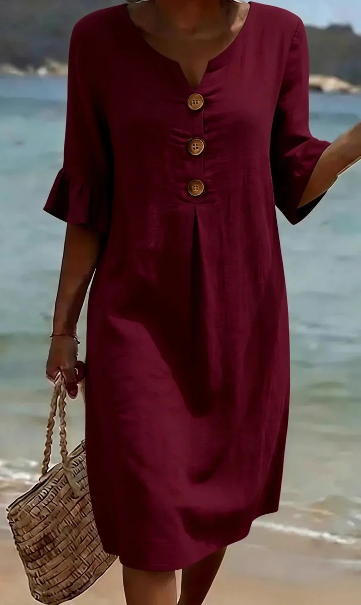 Vanesa™ | Vestido con textura de lino con manga abullonada y botones - LUVOR