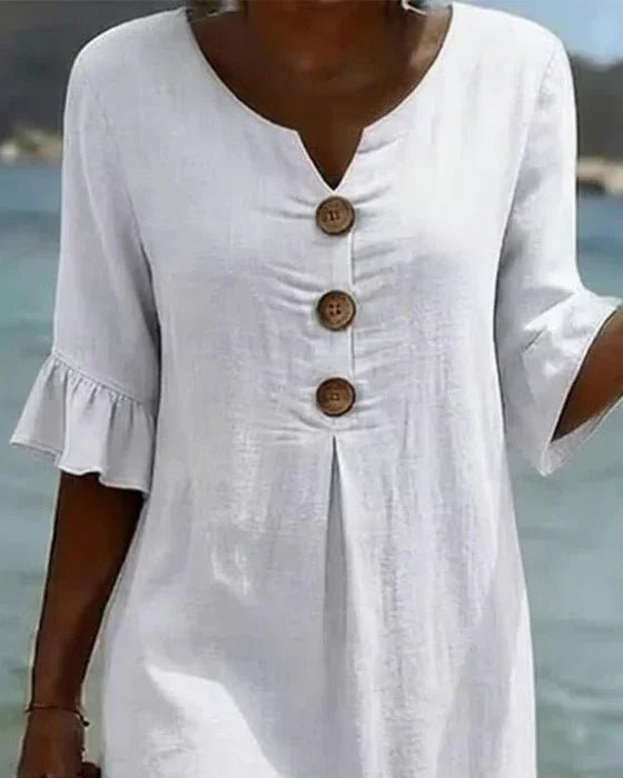 Vanesa™ | Vestido con textura de lino con manga abullonada y botones - LUVOR
