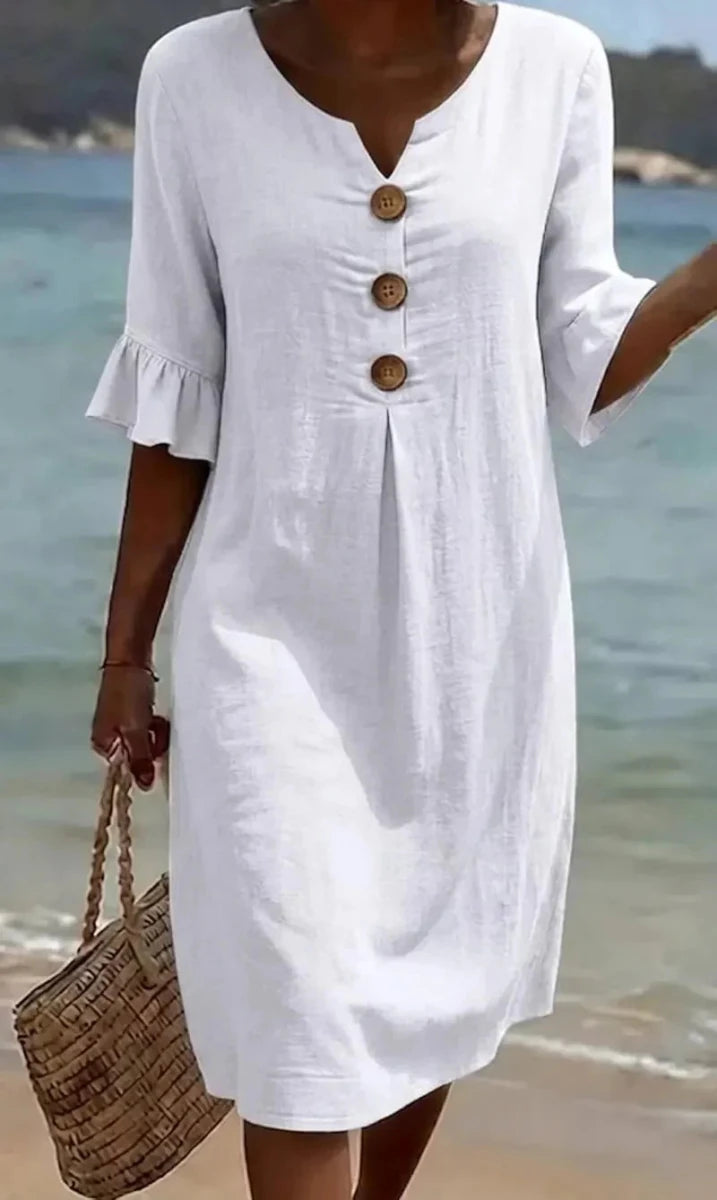 Vanesa™ | Vestido con textura de lino con manga abullonada y botones - LUVOR