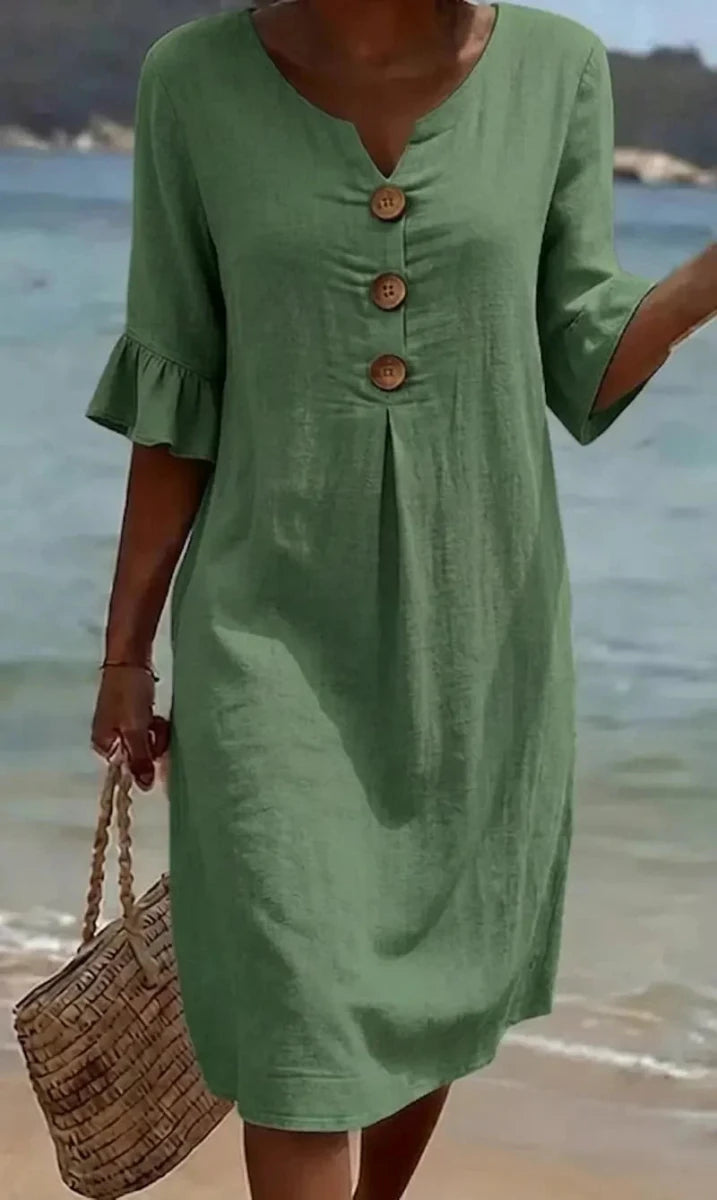 Vanesa™ | Vestido con textura de lino con manga abullonada y botones - LUVOR