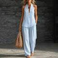 Sofia Completo Effetto Lino con Top Halter e Pantaloni Ampi a Righe