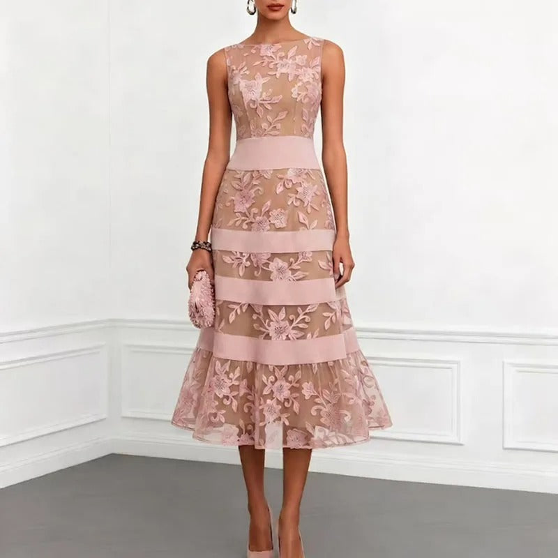 Abito Midi in Tulle Ricamato Floreale Odette