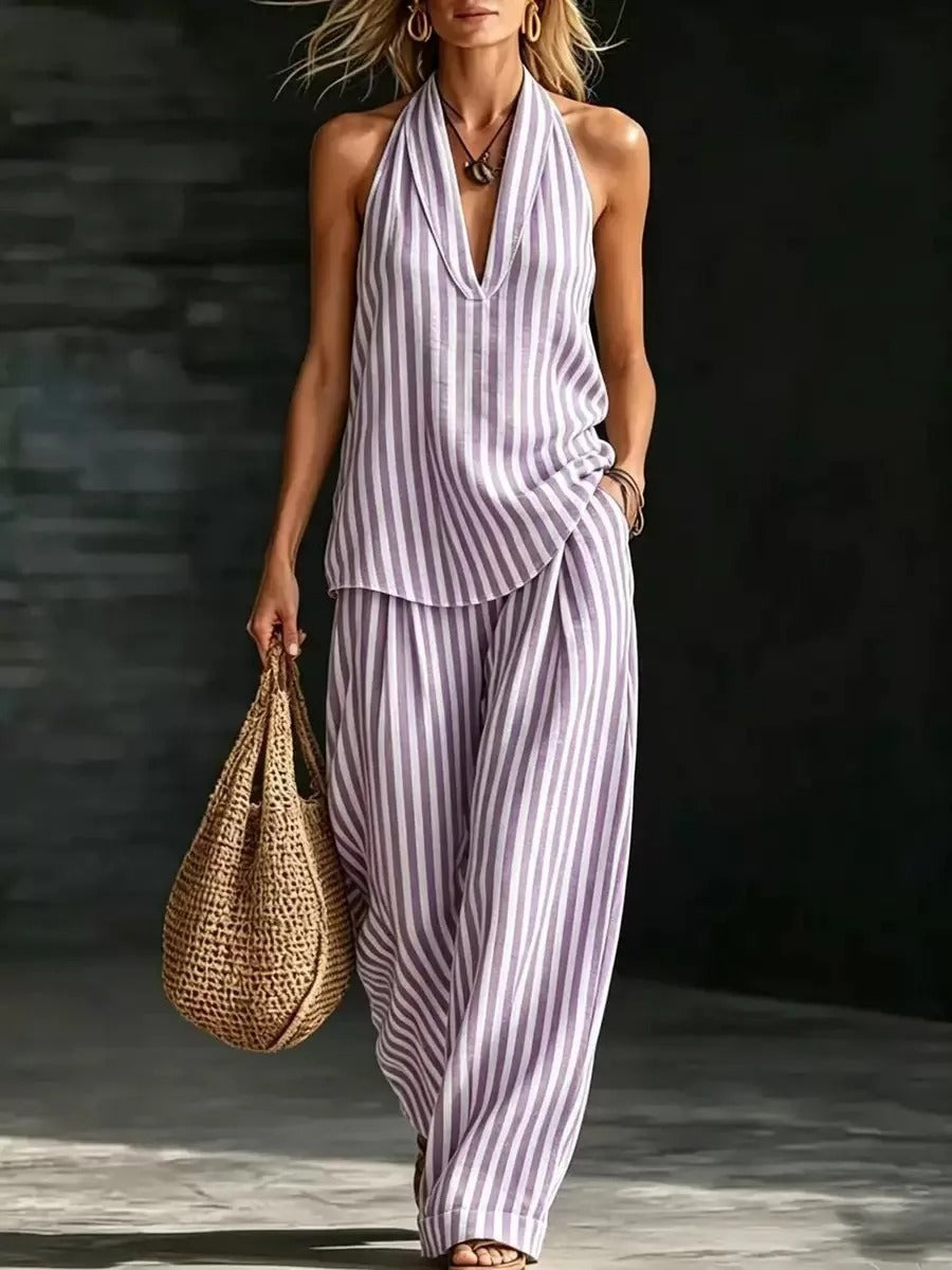 Sofia Completo Effetto Lino con Top Halter e Pantaloni Ampi a Righe